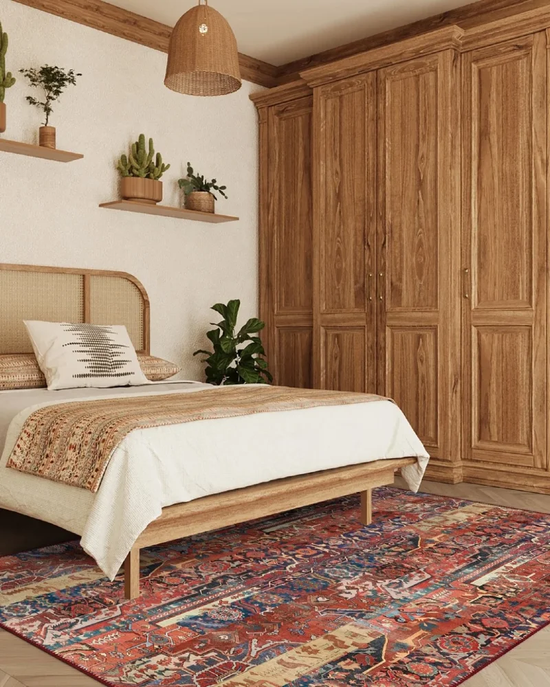 9. Vibrant Persian Bedroom Rug Under Neutral Bed with Warm Wood Wardrobe Backdrop
