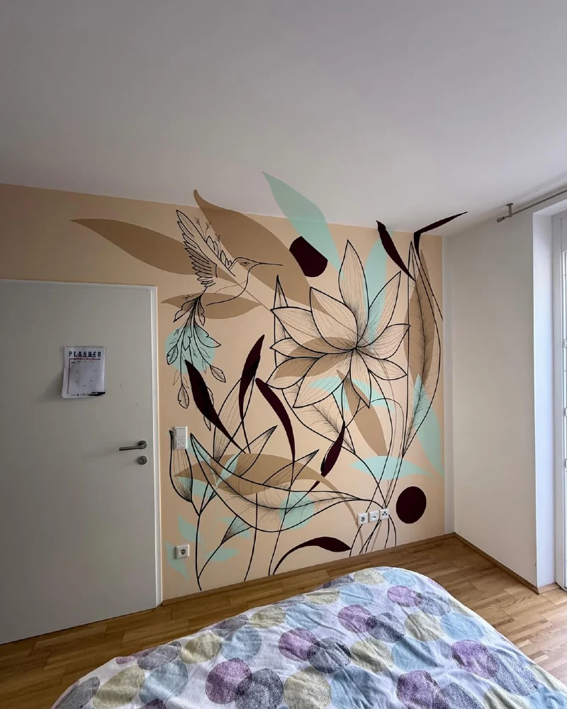 Abstract Graphic Bedroom Mural with Hummingbird and Large Lotus