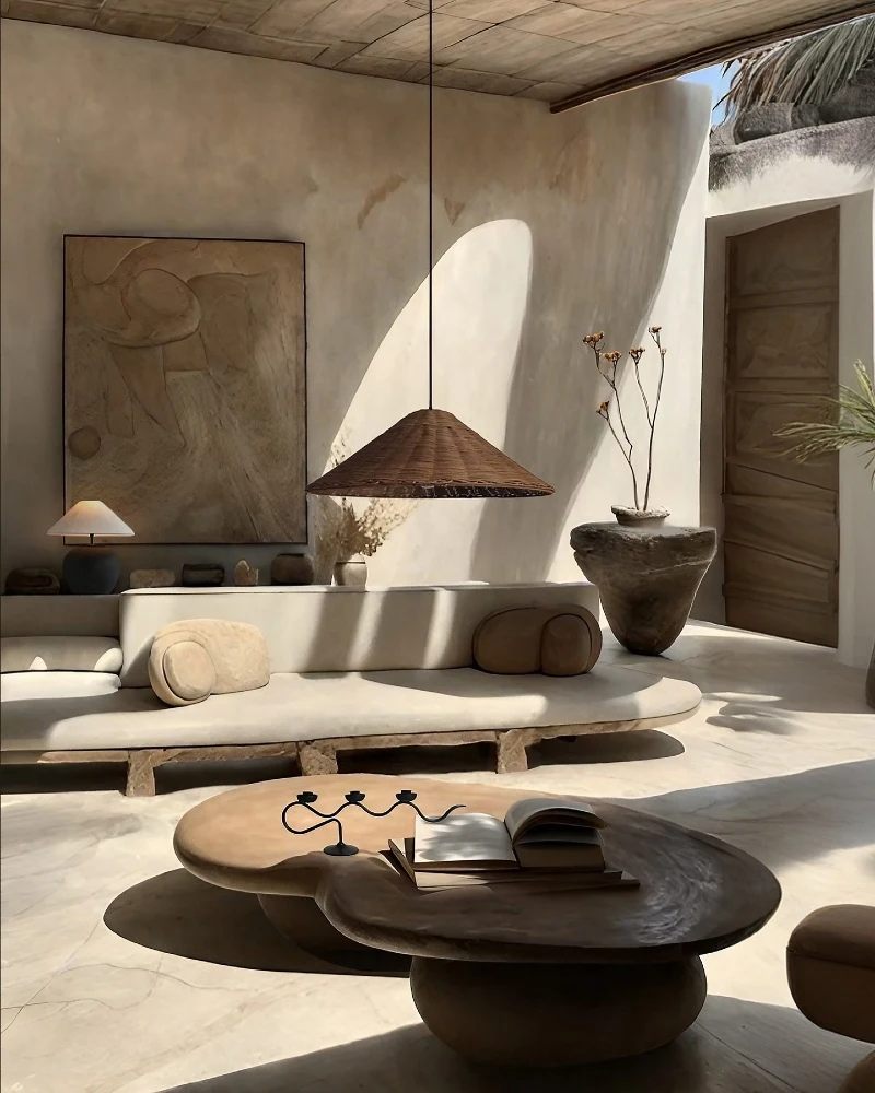 Amorphous Wooden Coffee Table with Conical Woven Pendant and Organic Bench Sofa