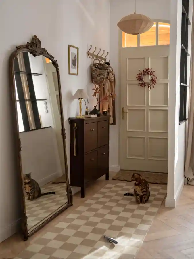 Antique Ornate Full-Length Mirror with a Tall Shoe Cabinet