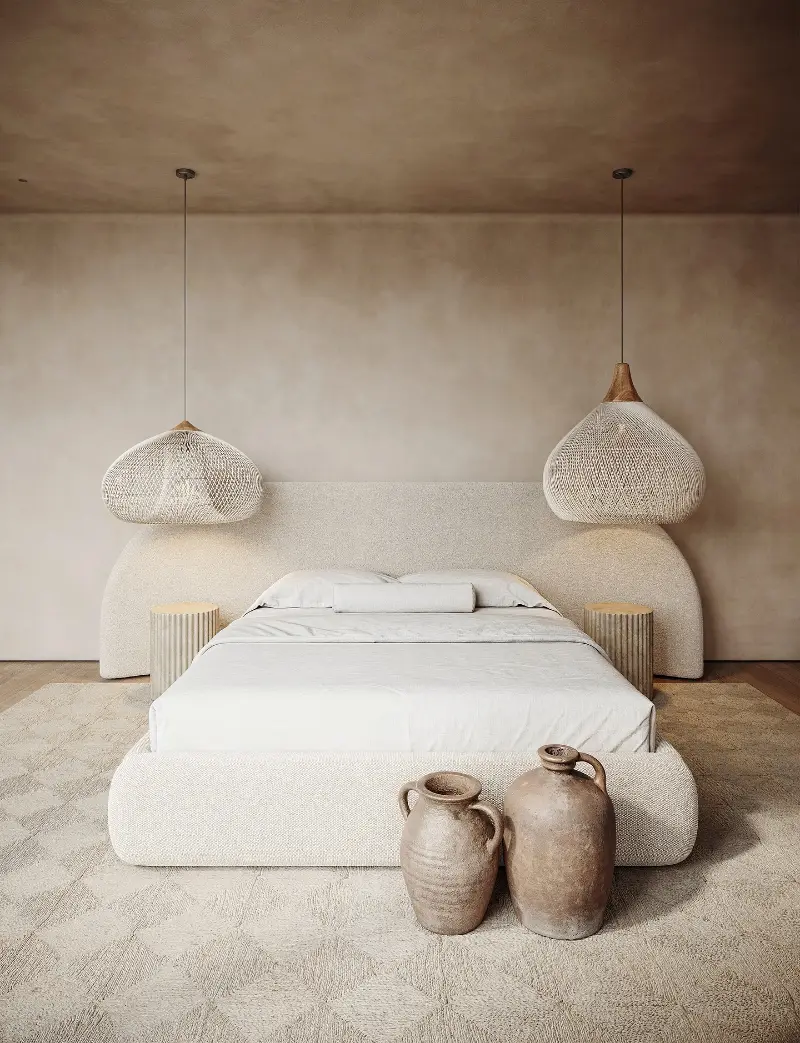 Arched Bouclรฉ Headboard with Woven Wire Pendant Lights and Antique Clay Jugs