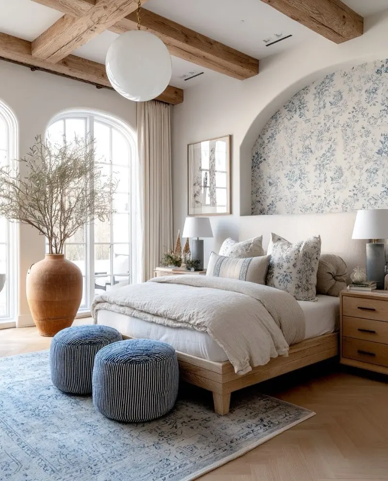 Arched Wallpaper Nook with Exposed Ceiling Beams and Blue Striped Poufs