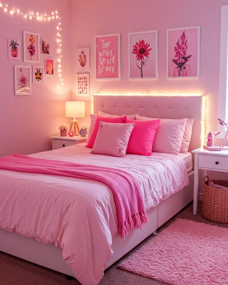 Backlit Tufted Headboard with Pink Botanical Gallery Wall