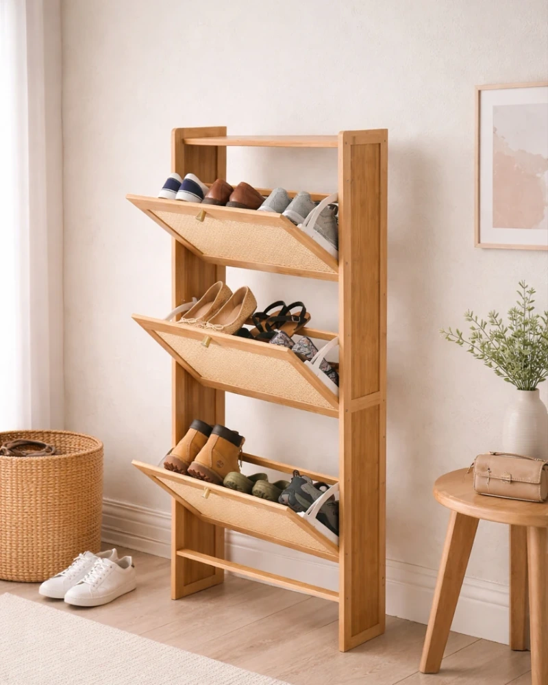 Bamboo Tilt-Out Shoe Tower with Woven Rattan Front Panels