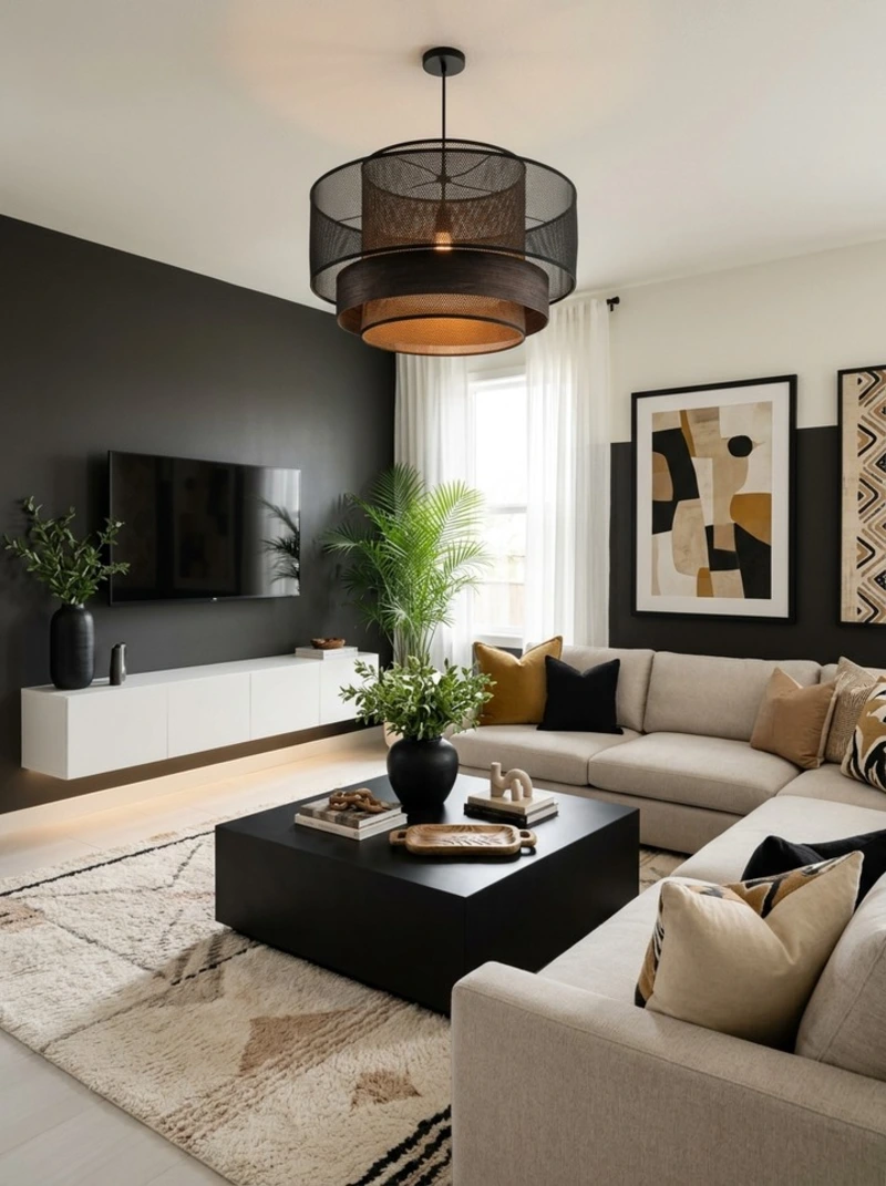 Black Accent Media Wall with Beige Sectional and Woven Drum Pendant