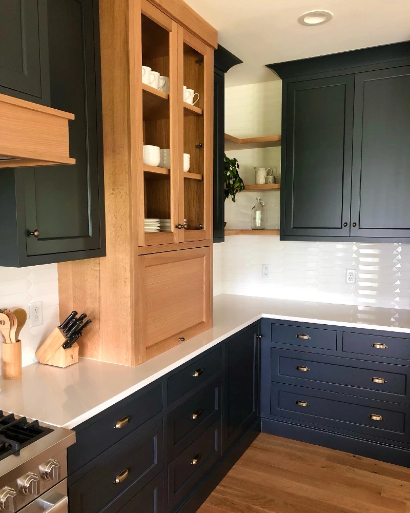 Black Cabinet Corner with Oak Glass Hutch, Floating Shelves, and Brass Bin Pulls
