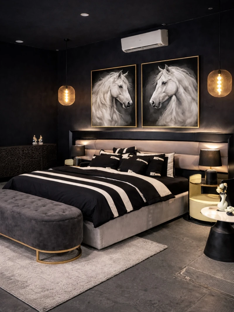 Black Luxe Bedroom with Twin Horse Portraits and Gold Accent Lighting