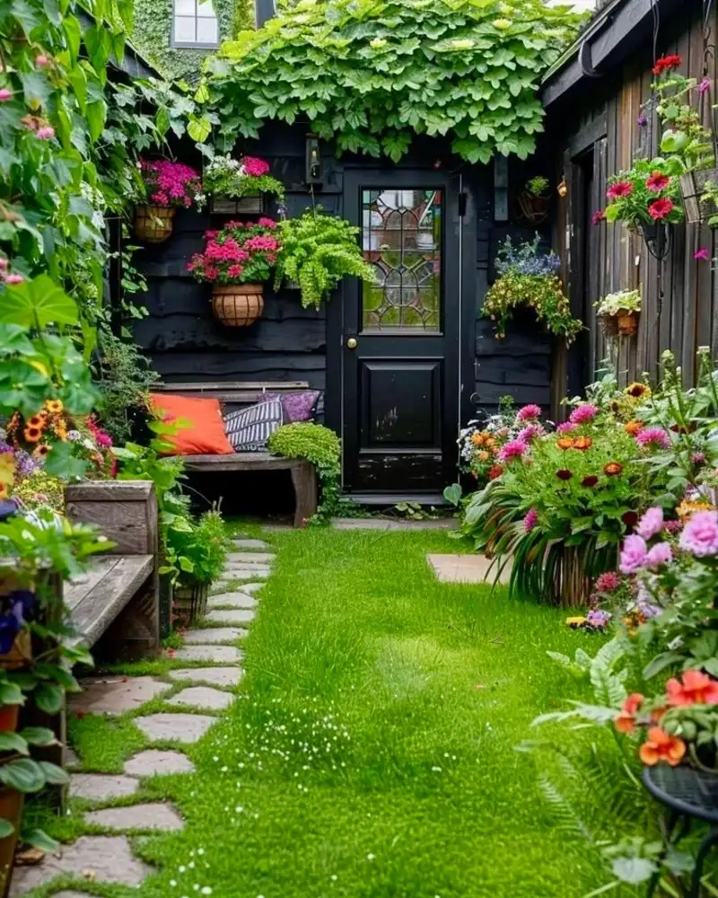 Black Wooden Shed Facade with Pink Wall Planters and Grass Lawn