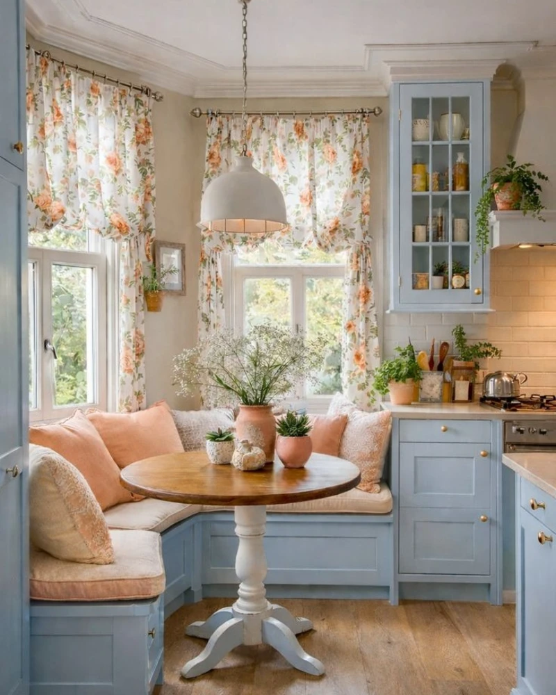 Blue Breakfast Nook with Floral Curtains and Peach Cushions