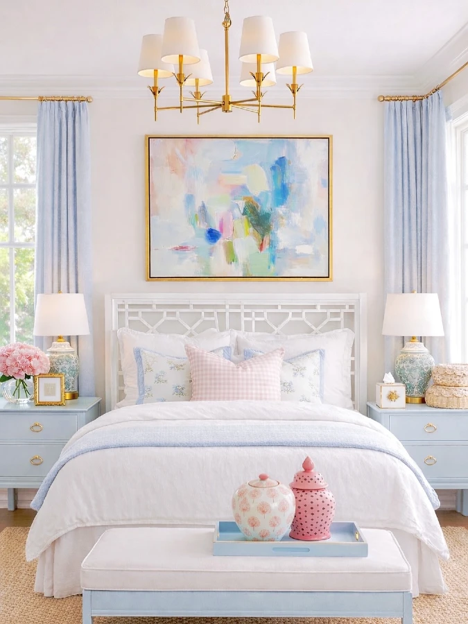 Blue and White Chinoiserie Bed with Gold Chandelier