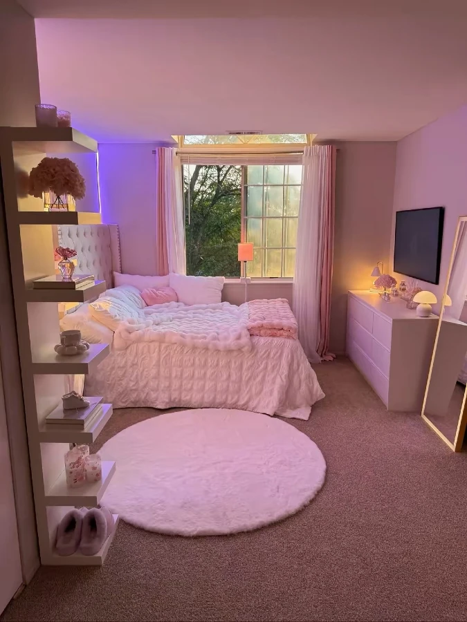Blush Pink Bed with Glow Shelves and Round Plush Rug