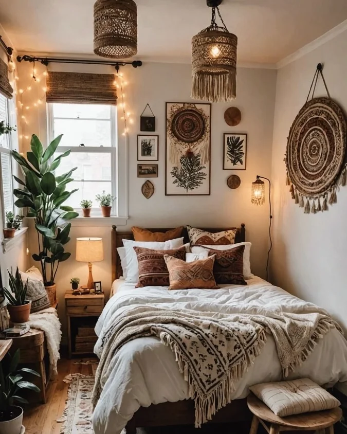 Boho Bed Corner with Woven Lights and Layered Wall Art