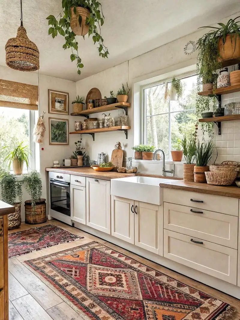 Boho Sink Corner with Hanging Plants, Open Wood Shelves, and Layered Vintage Rugs