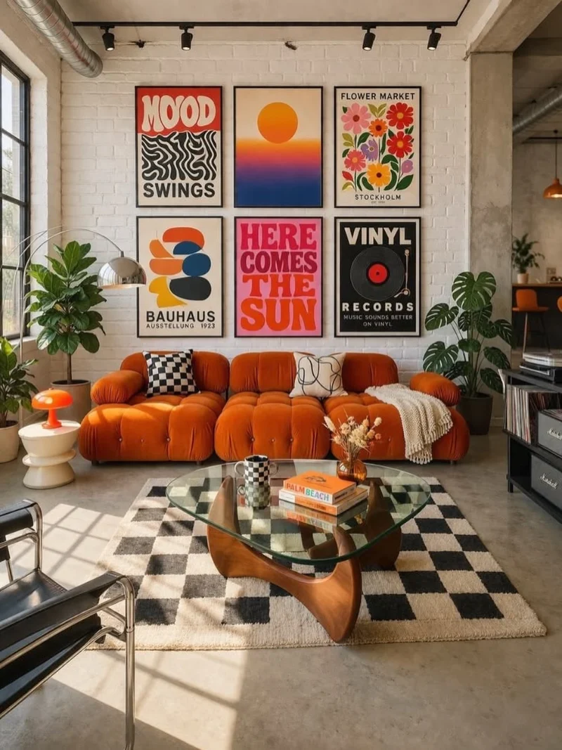 Bold Pop Art Gallery Wall with Mid-Century Orange Sofa and Graphic Energy