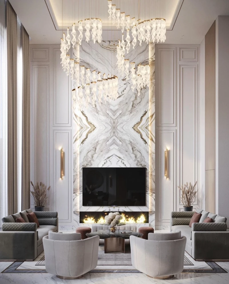 Bookmatched Calacatta Marble Fireplace Surrounding with Spiral Glass Chandelier and Symmetric Velvet Seating