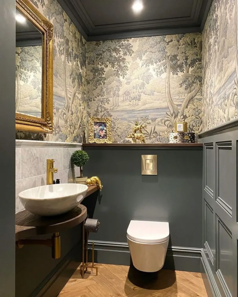 Botanical Tapestry Wallpaper with Dark Teal Paneling and Curved Timber Washstand
