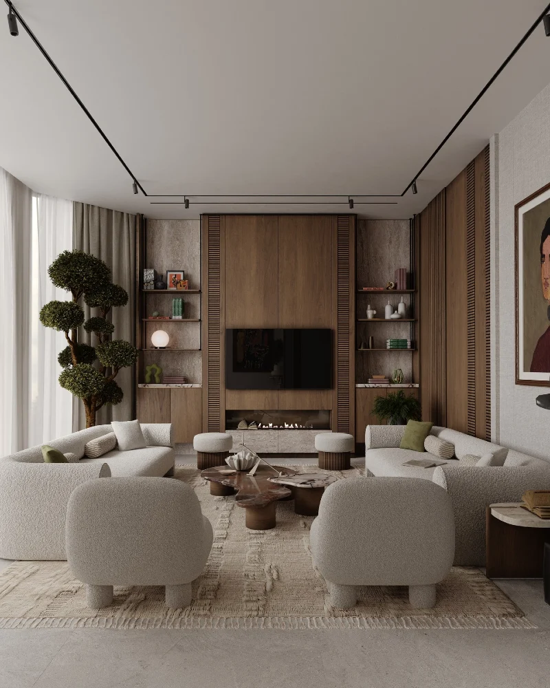 Boucle Lounge Chairs with Wood Slat Media Wall and Sculptural Coffee Tables