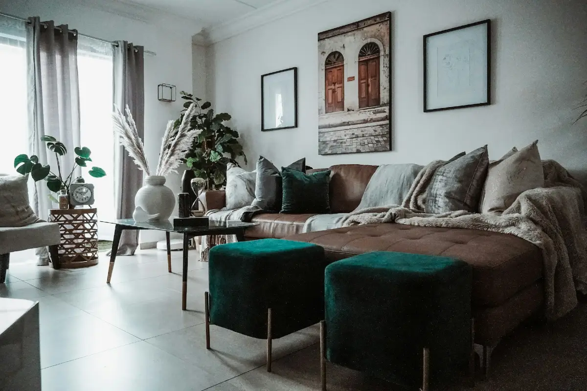 Brown Leather Sectional with Emerald Velvet Ottomans