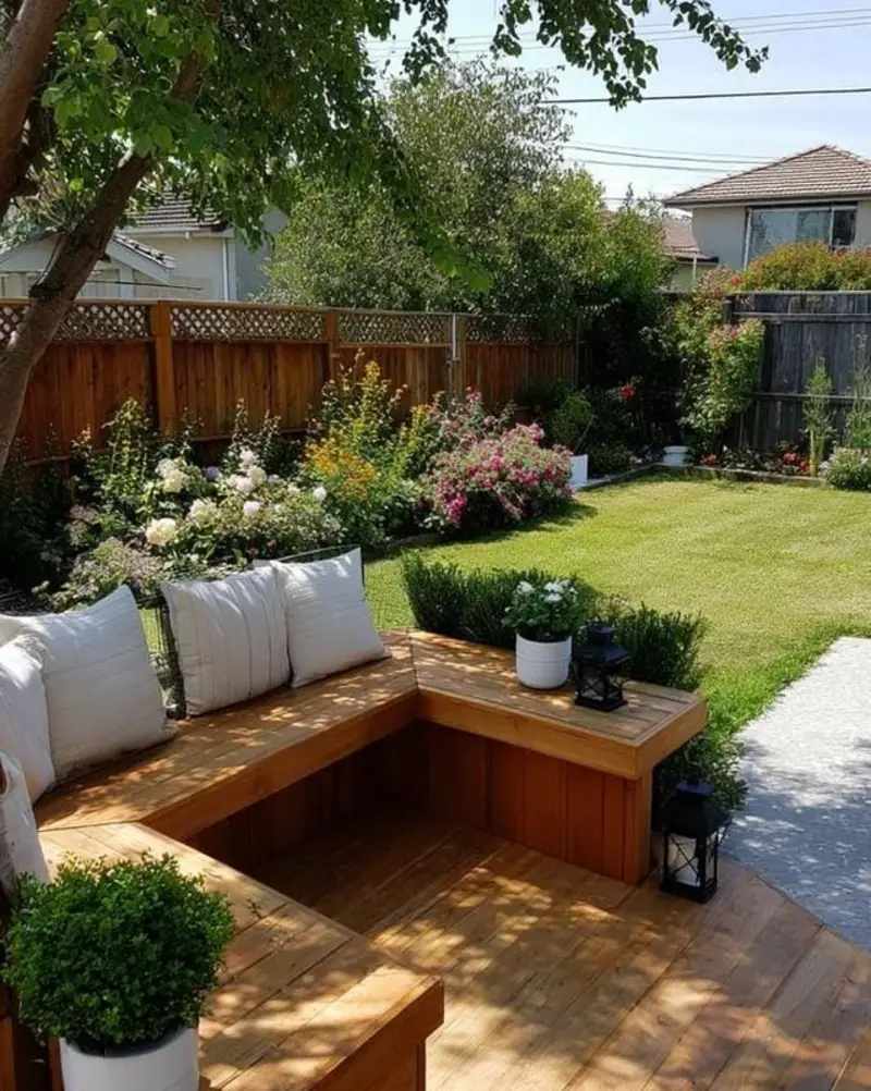 Built-In L-Shaped Wooden Deck Bench with Plump White Cushions