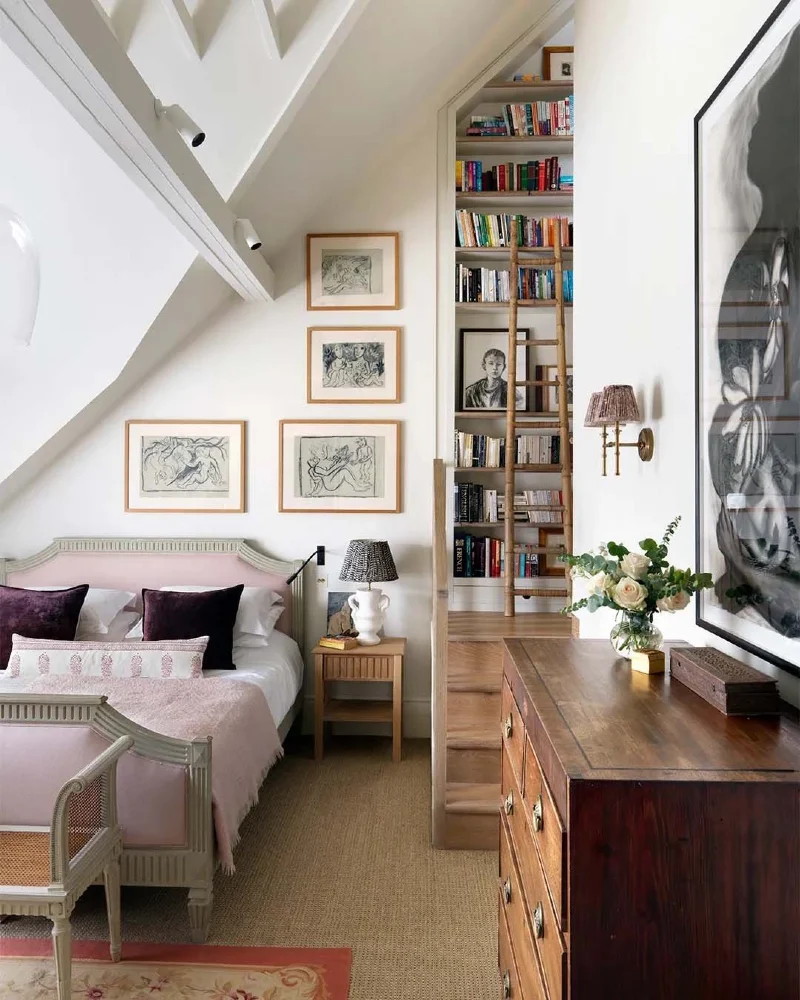 Built-In Loft Library with Blush Pink Bed and French Cane Chair