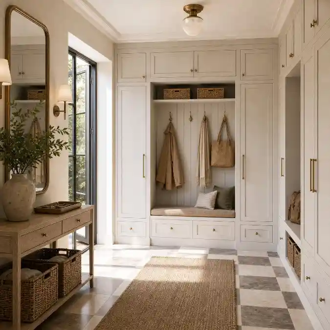 Built-In Mudroom Cabinetry with Checkered Floor Tiles