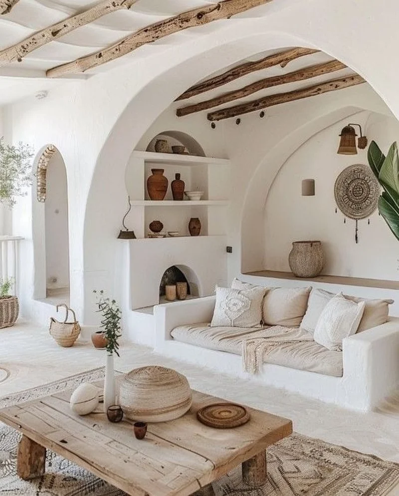 Built-In Plaster Sofa with Arched Alcoves and Raw Timber Ceiling Beams