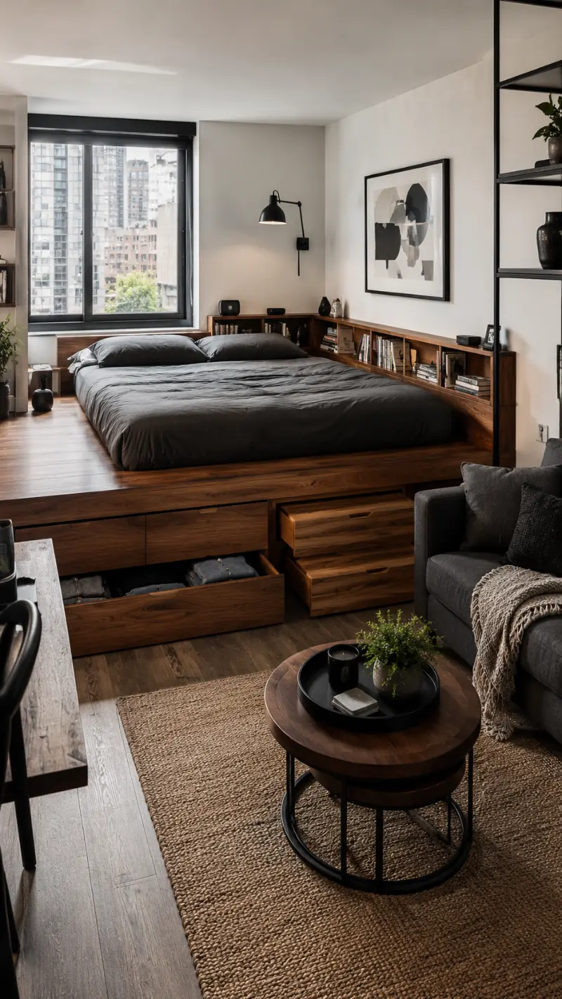 Built-In Walnut Platform Bed with Hidden Storage and Integrated Studio Living Wall