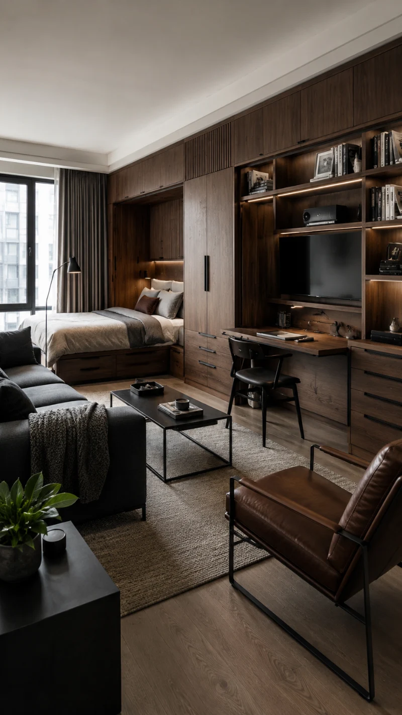 Built-In Walnut Studio Wall with Floating Bed Niche and Integrated Work Zone