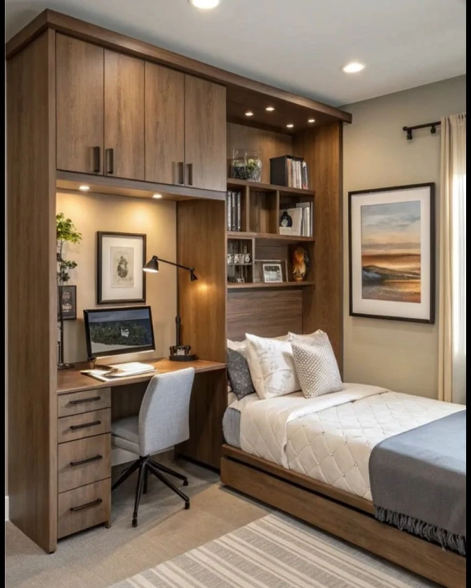 Built In Wood Storage Wall with Desk and Bed Nook