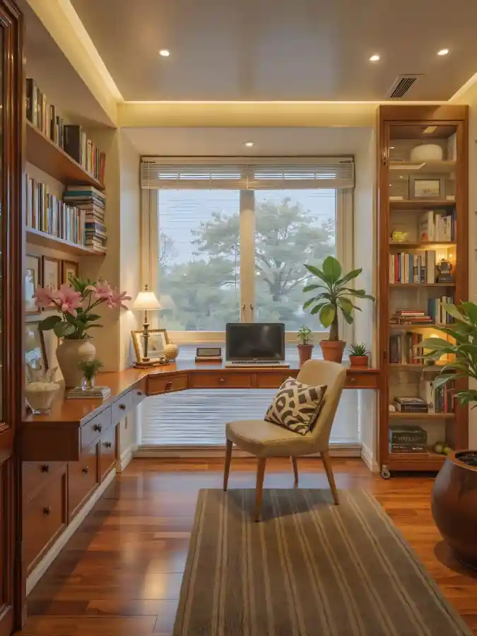 Built-In Wooden Corner Desk with Glass Display Bookshelf