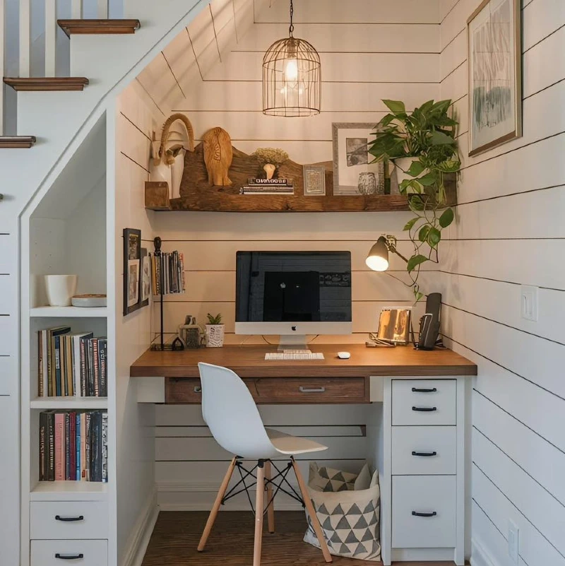 Built-in Shiplap Workstation with Warm Wood Desktop and Floating Shelf
