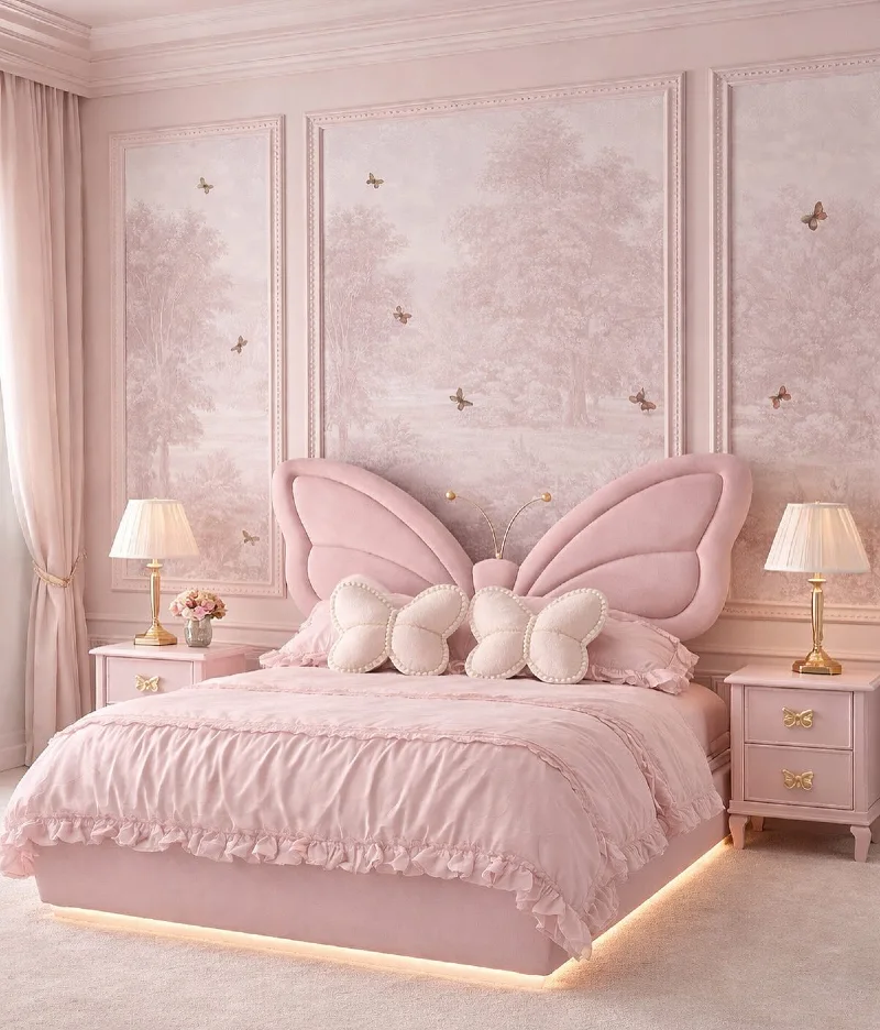 Butterfly Wing Velvet Headboard with Toile Wall Panels