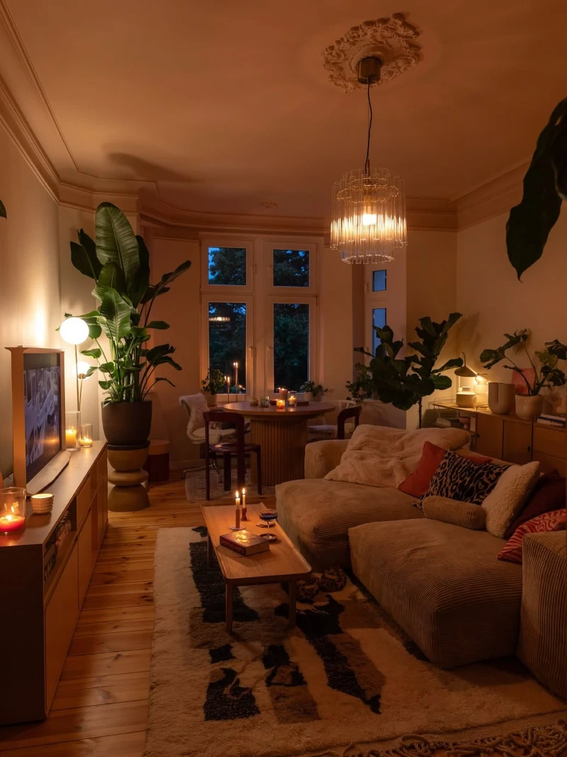 Candlelit Velvet Sofa Lounge with Sculptural Lighting and Deep Amber Glow