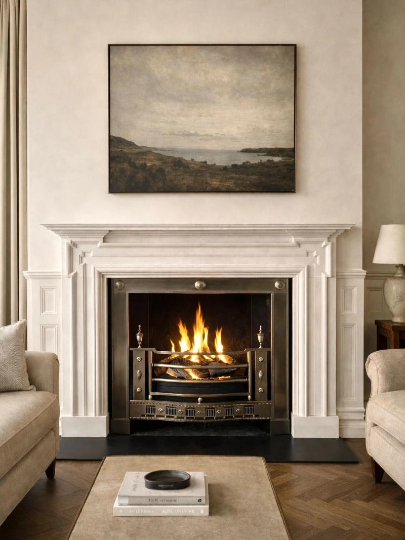 Carved Cream Stone Mantel with Moody Landscape Art and Brass Fire Insert