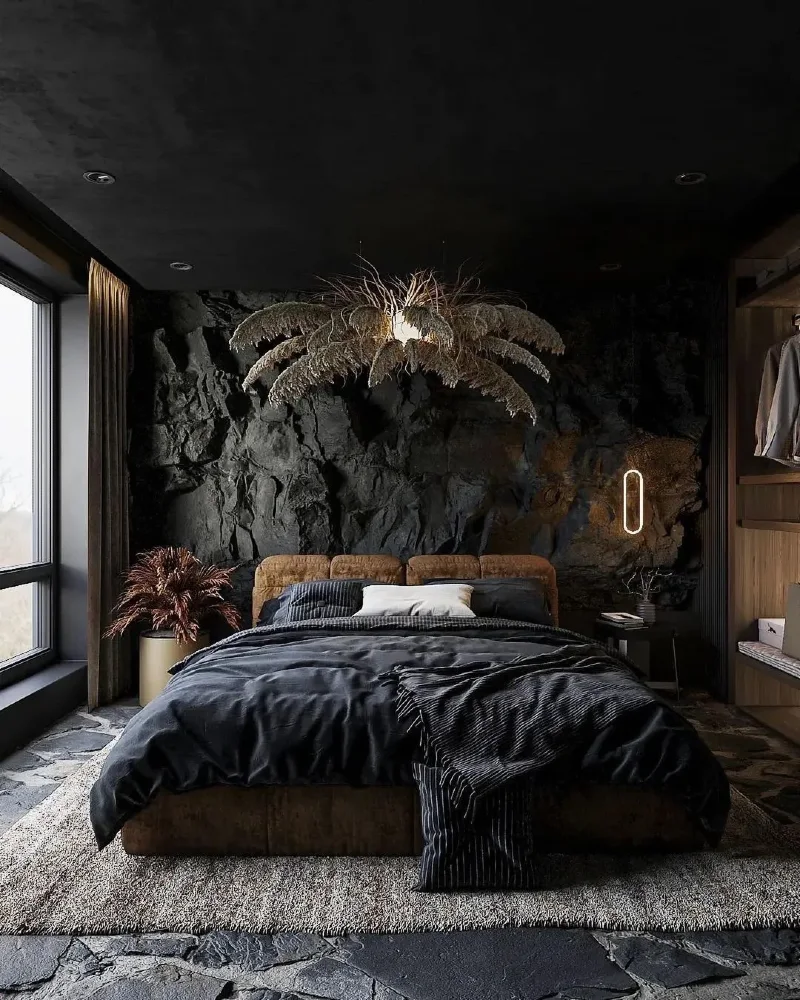 Cave-Inspired Dark Stone Bedroom with Organic Ceiling Sculpture and Earthy Layers