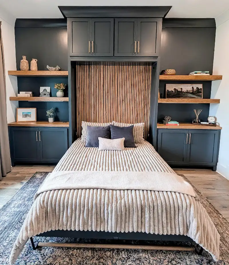 Charcoal Grey Built-Ins with Vertical Wood Slats and Ribbed Corduroy Bedding