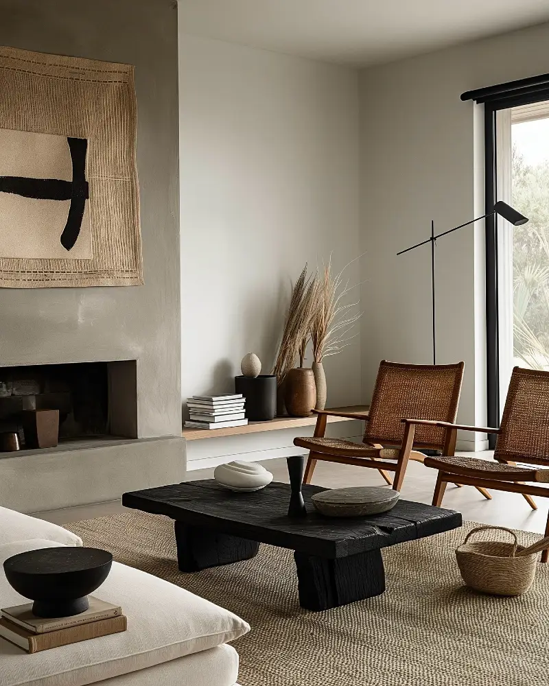 Charcoal Plaster Fireplace with Woven Cane Chairs and Scorched Wood Coffee Table