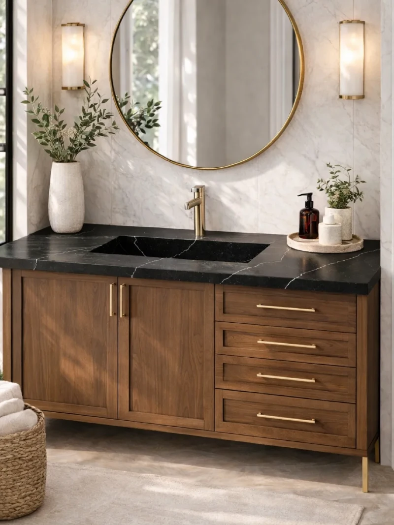 Charcoal Quartzite Countertop with Integrated Sink, Walnut Cabinetry, and Circular Brass Mirror