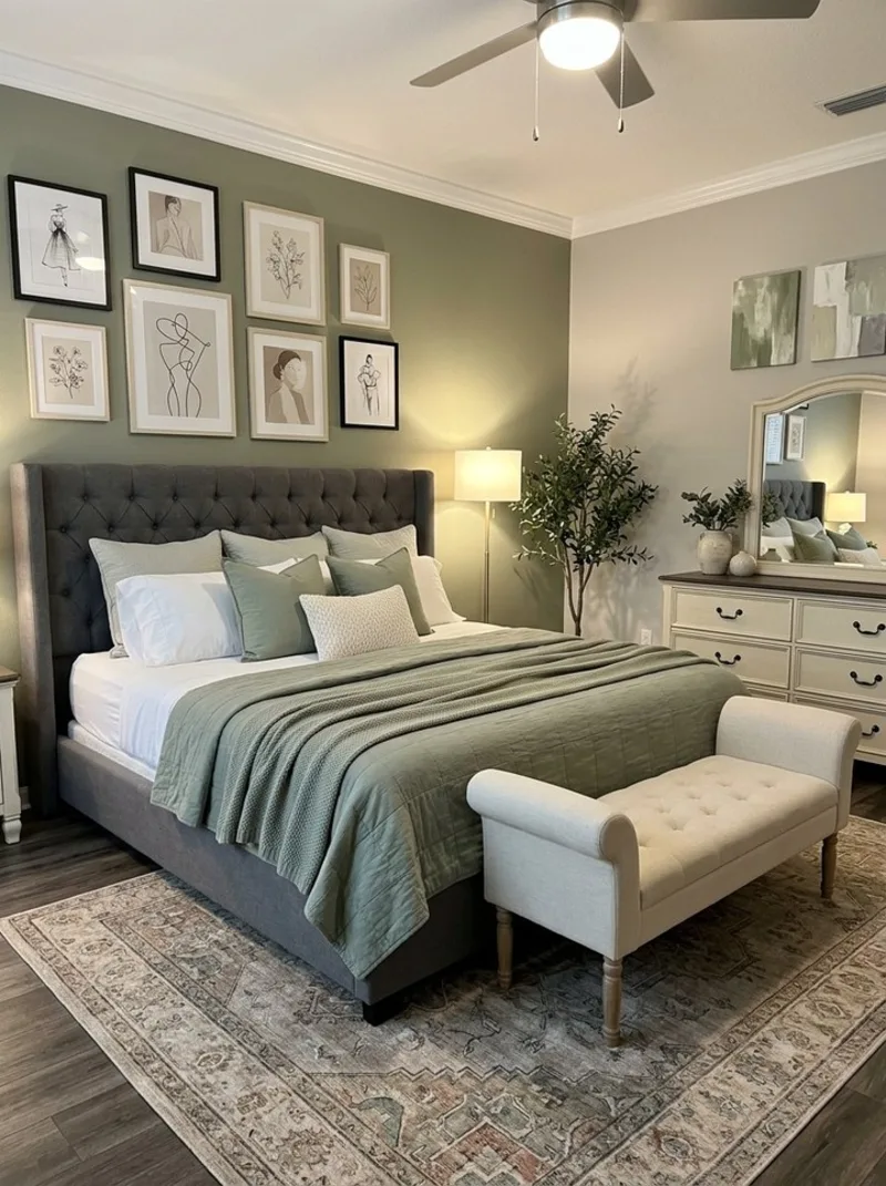 Charcoal Tufted Headboard with Sage Green Linens and Grid Gallery Wall