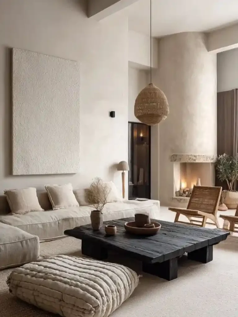 Charred Oak Coffee Table with Plaster Fireplace and Woven Accents