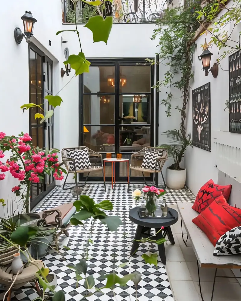 Checkerboard Tile Courtyard with Vibrant Red and Chevron Pillows