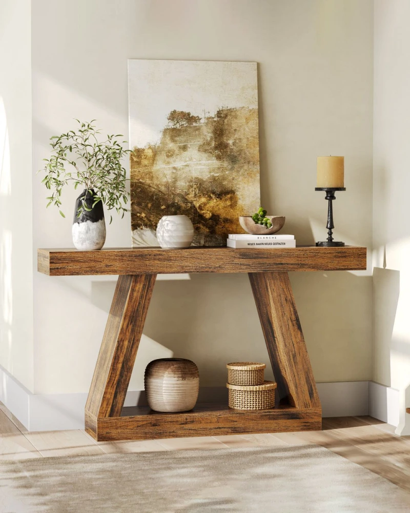 Chunky Wood Console with Abstract Canvas, Black Candlestick, and Woven Boxes