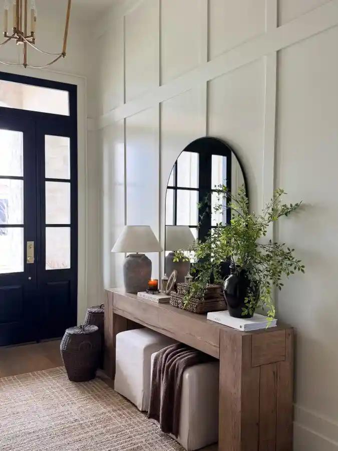 Chunky Wood Console with Tucked Fabric Ottomans