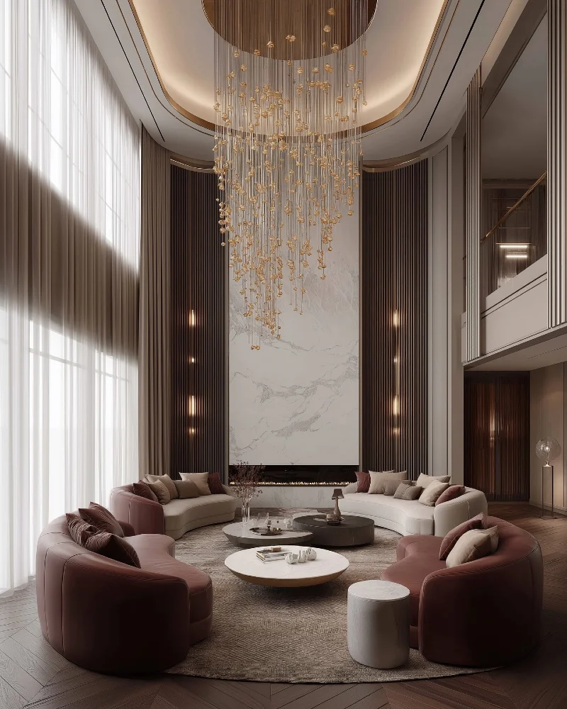 Circular Conversation Pit with Mauve and Cream Curved Sofas, Slatted Wood Panels, and Raindrop Chandelier