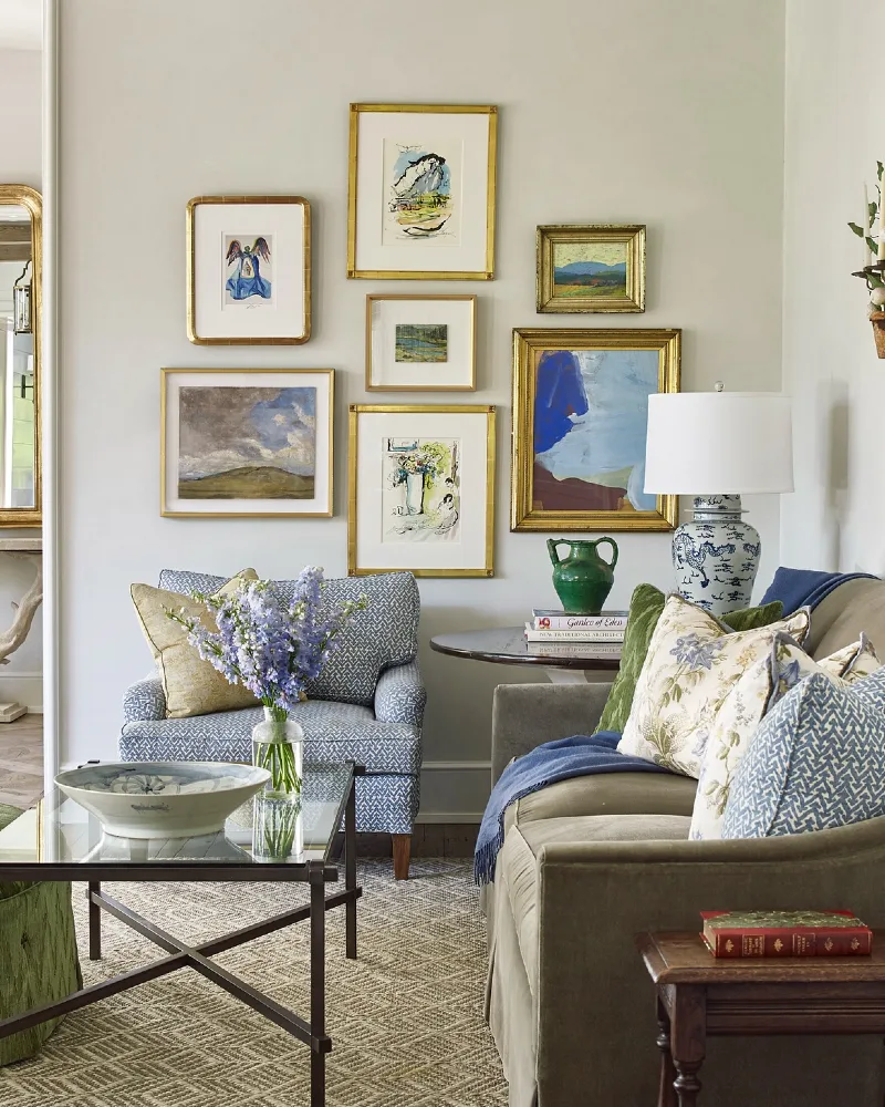 Classic Gold Frame Gallery Wall with Soft Neutral Balance and Structured Symmetry
