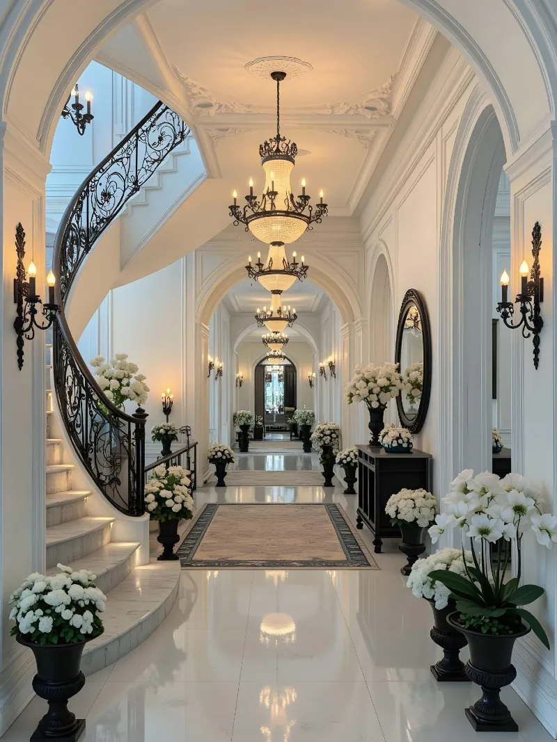 Classical Columned Gallery Hallway with Sweeping Wrought-Iron Staircase, Repeating Tiered Chandeliers, and White Floral Urns