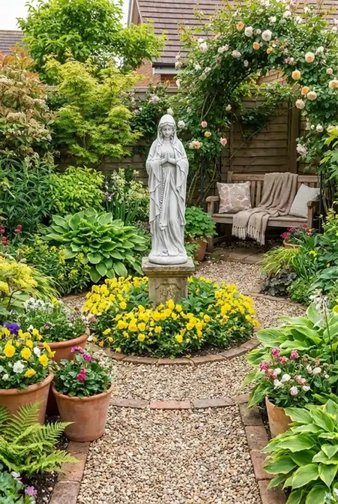 Classical Stone Statue Centerpiece with Circular Yellow Flower Border