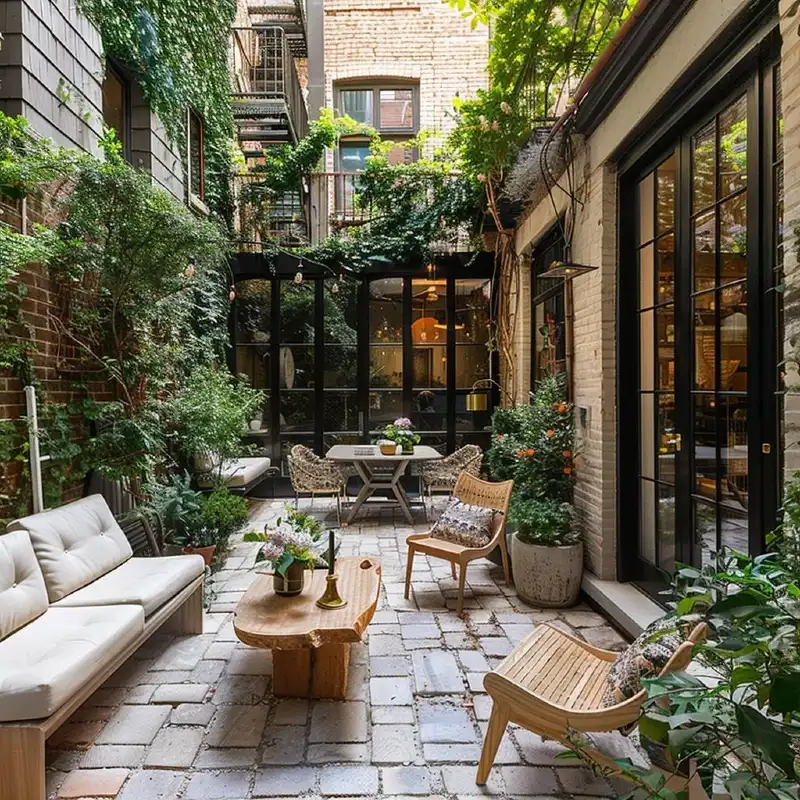 Cobblestone Urban Courtyard with Live-Edge Coffee Table