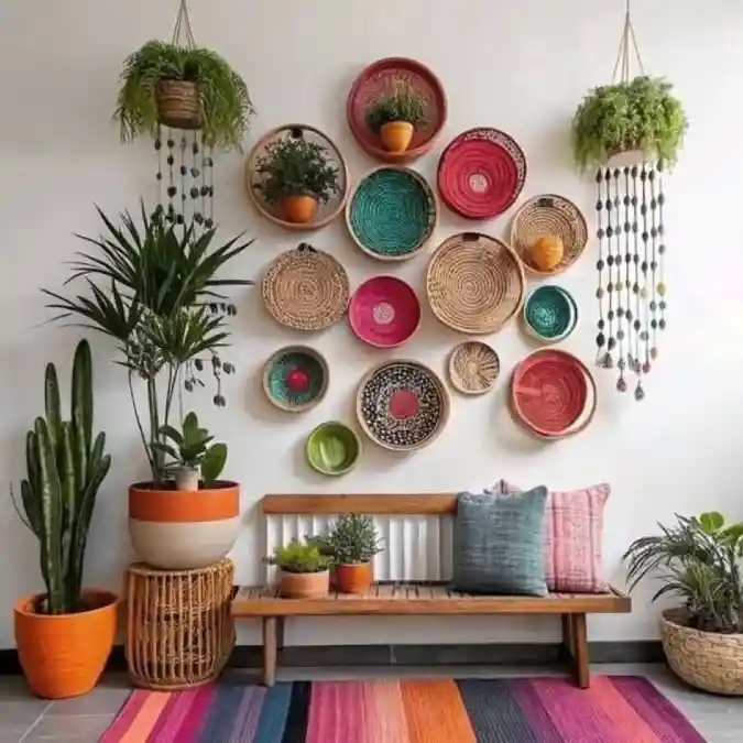 Colorful Woven Basket Wall Gallery Above Wooden Bench