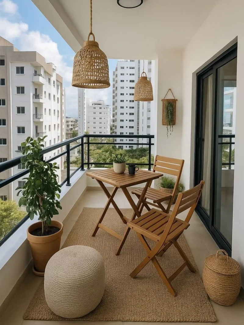 Compact Wooden Bistro Balcony with Woven Pendant Lighting and Minimal City View Setup